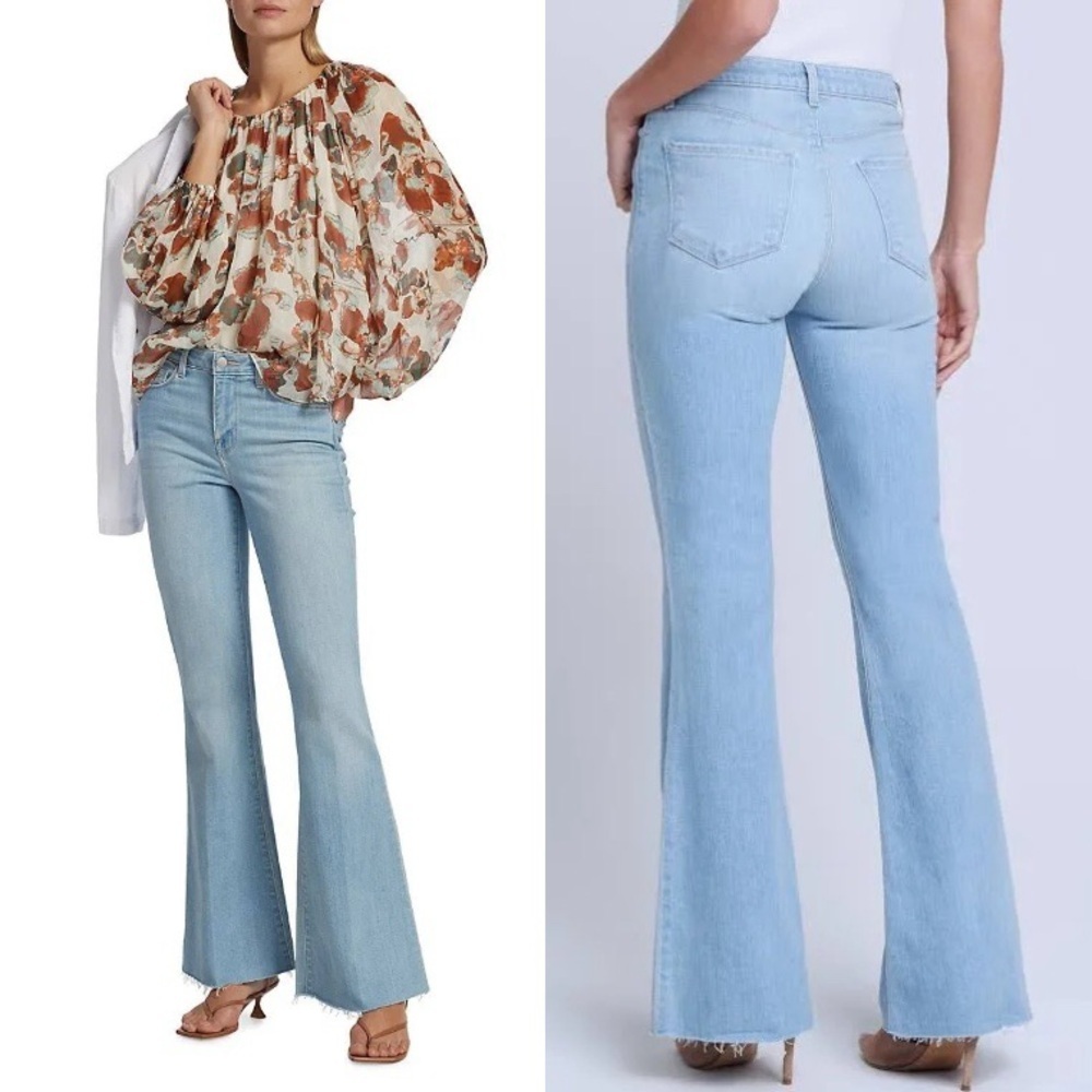 L’AGENCE Sera High Rise Flare Jeans 27 Blue Cloud Light Wash Raw Hem - Picture 2 of 15